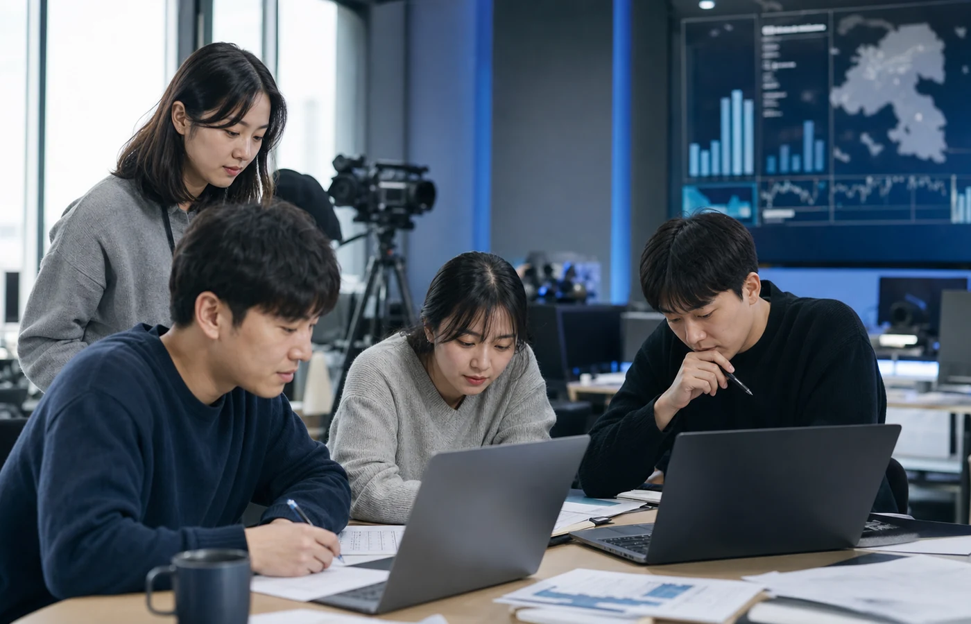 뉴스룸 실습 공간에서 데이터와 기사 초안을 함께 검토하는 교육생들