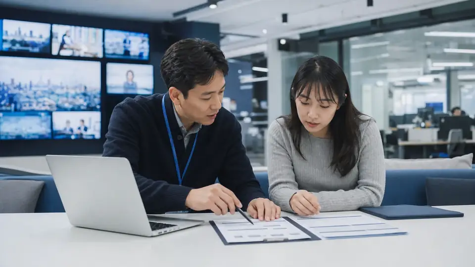 교육 담당자와 함께 훈련비 지원 절차를 확인하는 교육생
